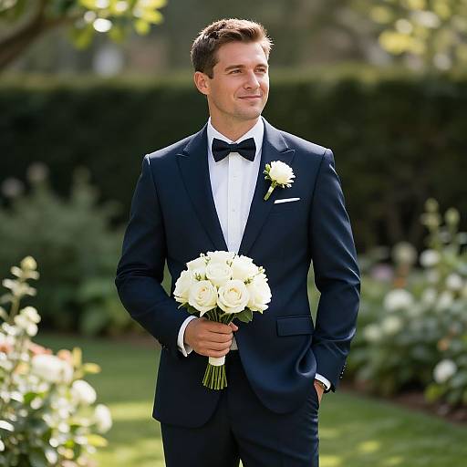 Groom in Navy Tuxedo Holding White Rose Bouquet in Garden