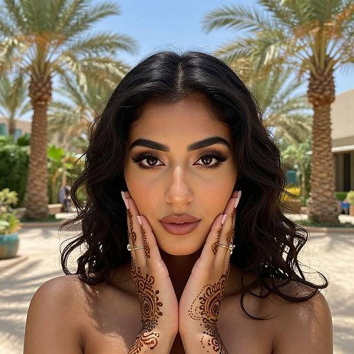 Portrait of Woman with Henna Hands and Palm Trees Outdoors