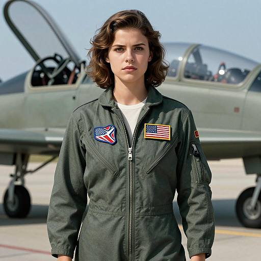 Female Pilot in Military Flight Suit Standing by Light Aircraft