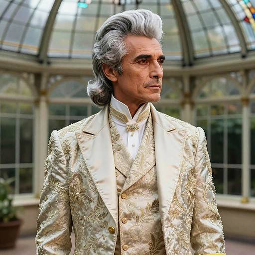 Distinguished Man in Ornate Cream and Gold Victorian Style Suit