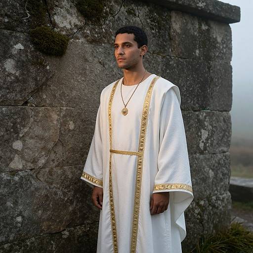 Man in White and Gold Religious Robe Standing Near Ancient Stone Wall