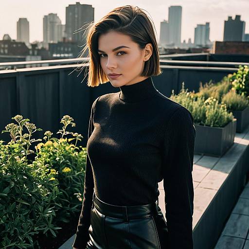 Confident Woman in Black Turtleneck on Urban Rooftop Garden