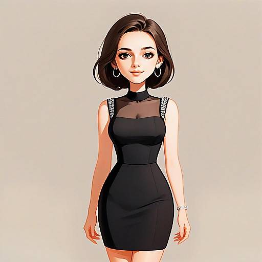 Contemporary Digital Art of Woman in Stylish Black Dress with Short Hair