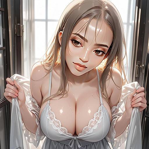 Hyper-Realistic Digital Illustration of Woman in White Lace Lingerie by Window