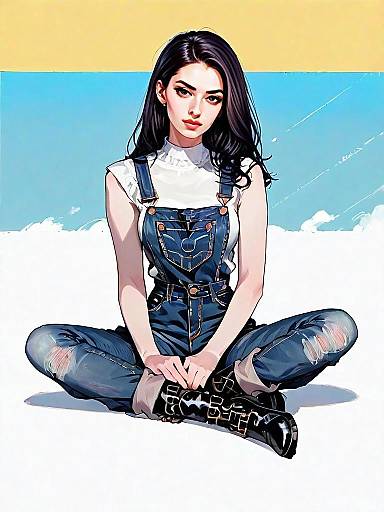 Realistic Comic Style Illustration of Woman in Denim Overalls Sitting Cross-Legged