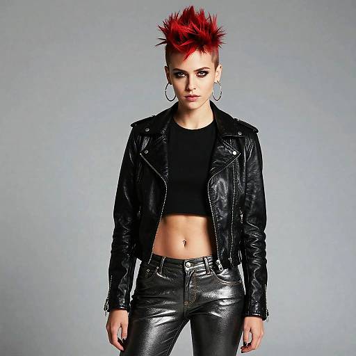 Punk Rock Gen Z Woman with Red Spiked Hair in Leather Jacket and Metallic Pants