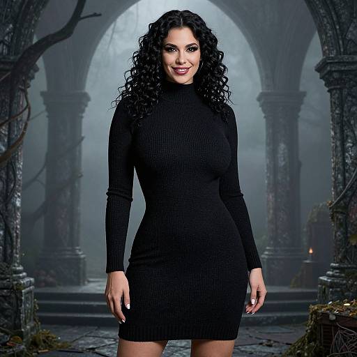 Woman in Black Sweater Dress Gothic Stone Archway Background