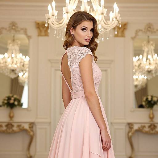 Elegant Woman in Light Pink Lace Evening Gown in Luxurious Vintage Room