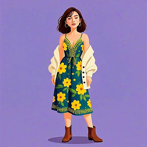 Bohemian Woman in Floral Sundress with A-Line Cut and Cardigan