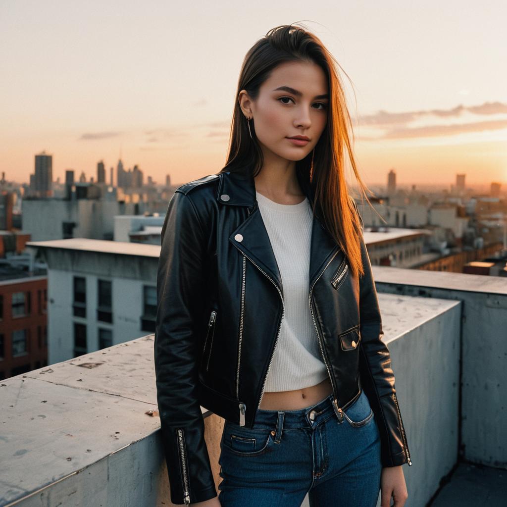 Young Woman in Leather Jacket on Urban Rooftop at Sunset