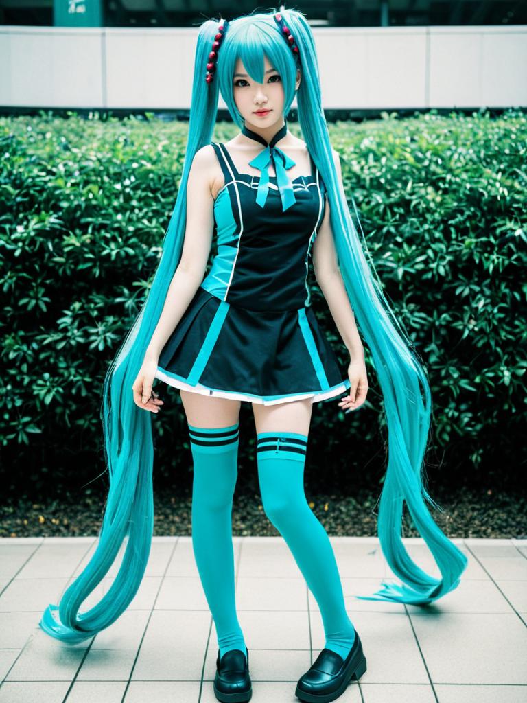 Realistic Hatsune Miku Cosplay Woman with Long Turquoise Hair and Stockings