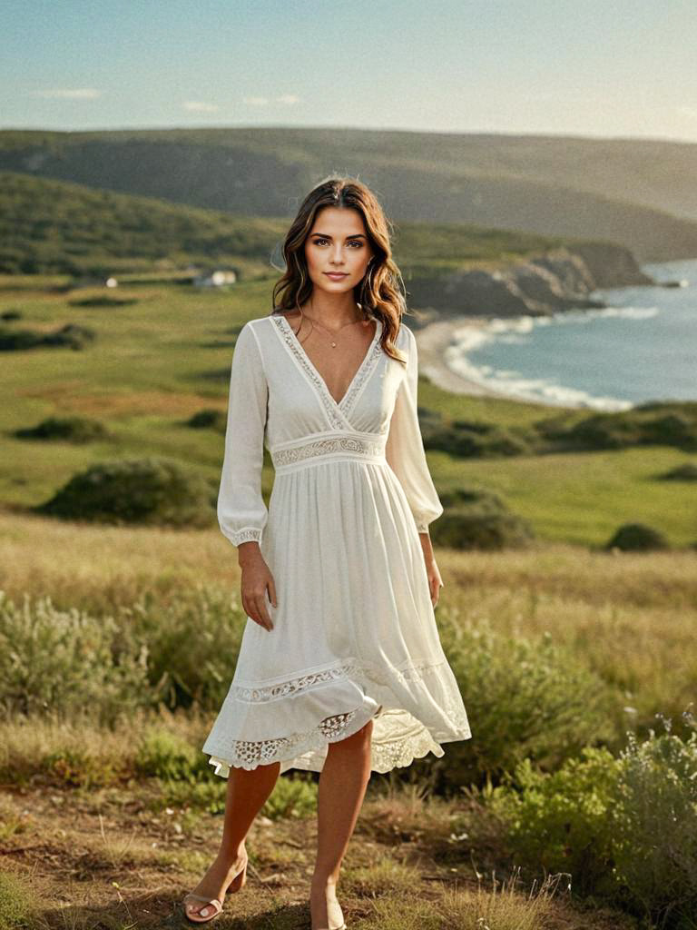 Woman in White Dress at Coastal Landscape