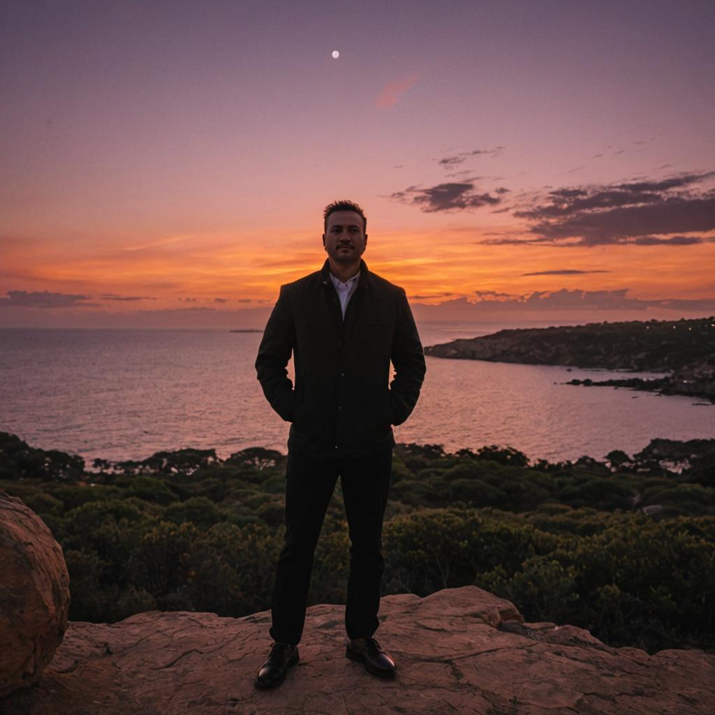 Silhouetted Man Against Vivid Sunset