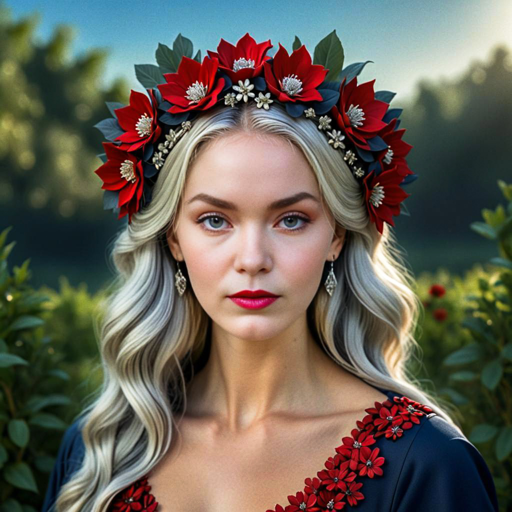 Elegant Woman in Floral Crown Among Greenery