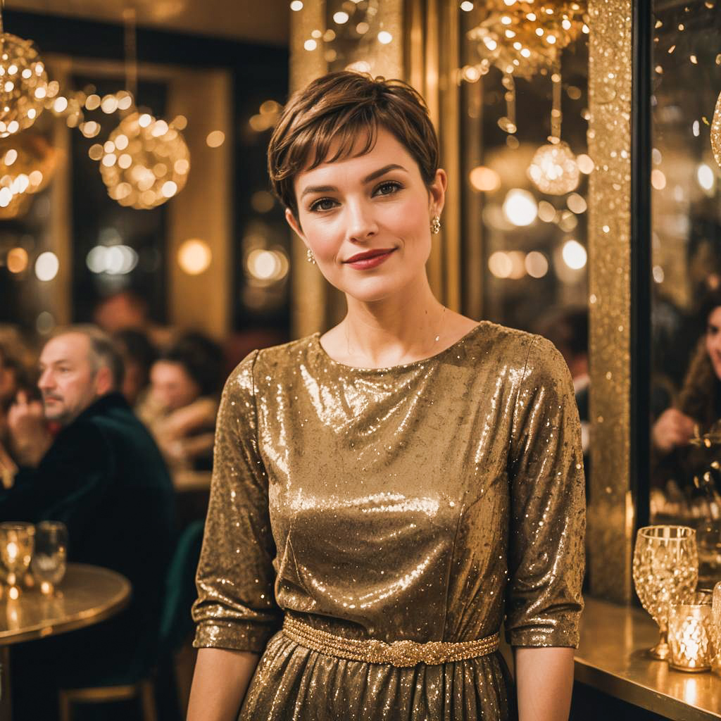 Glamorous Woman in Gold Dress at Elegant Event