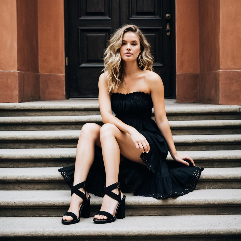 Stylish Woman in Black Dress Sitting on Stone Steps Fashion Portrait
