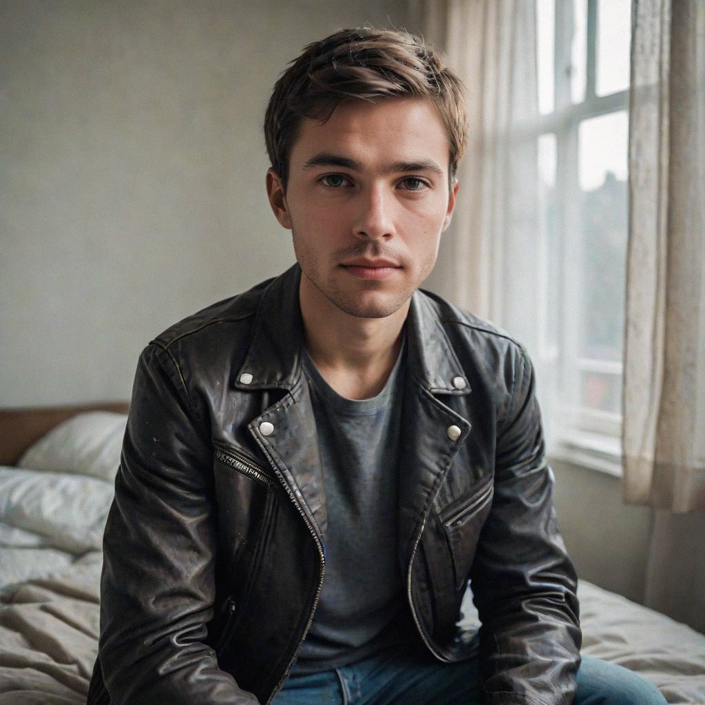Young man in leather jacket on bed