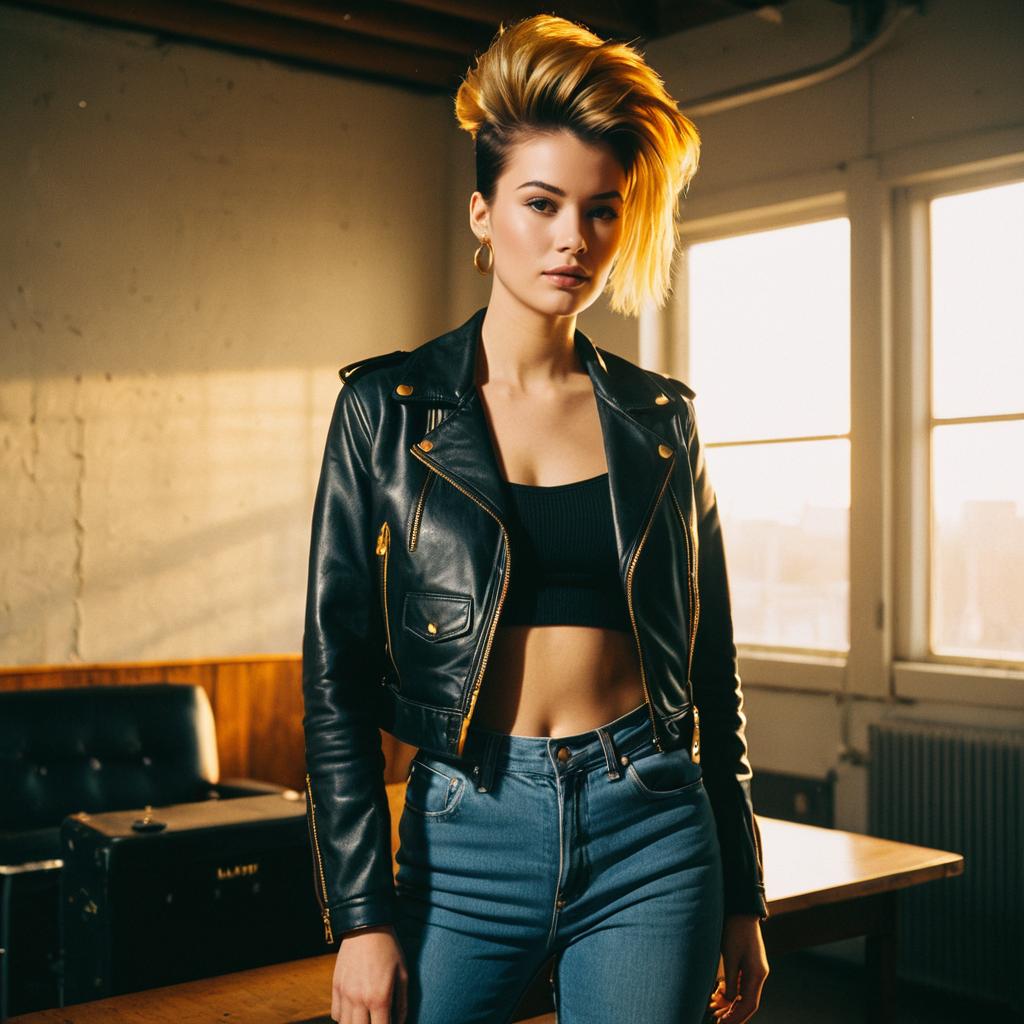 Stylish Woman in Black Leather Jacket and Cropped Top in Urban Loft