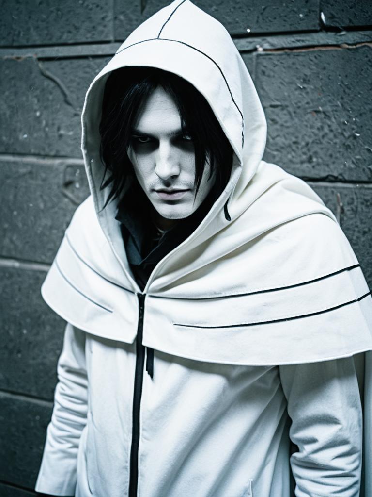 Man in Realistic Albedo Cosplay Costume with White Hooded Cloak