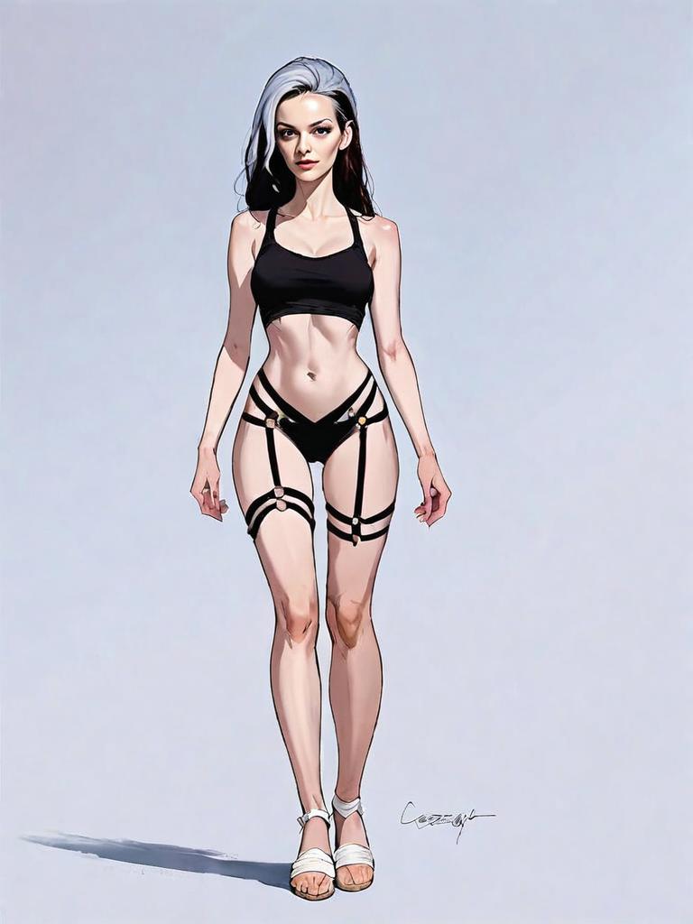 Realistic Comic-Style Full Body Illustration of Woman in Minimalist Black Outfit