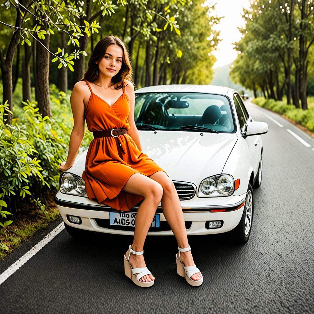Young Woman in Orange Dress on White Car Young Woman in Orange Dress on White Car