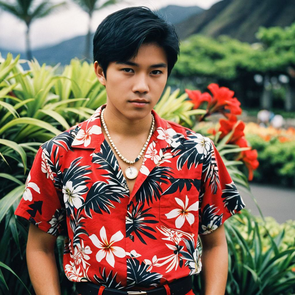 Young Man in Red Hawaiian Shirt Surrounded by Tropical Flora