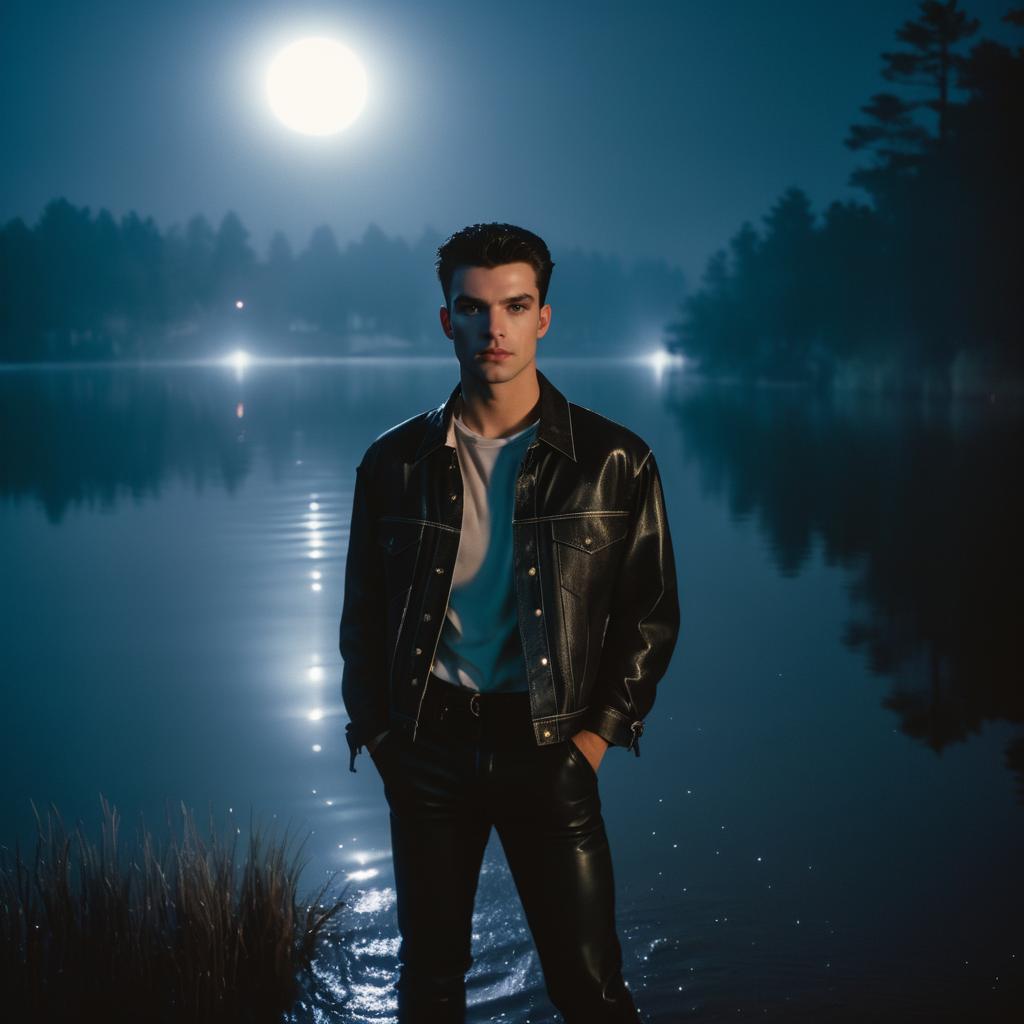 Confident Young Man at Moonlit Lake