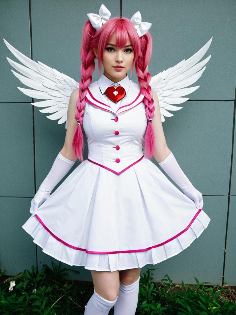 Cure Prism Cosplay Woman in Angelic Pink and White Outfit with Wings
