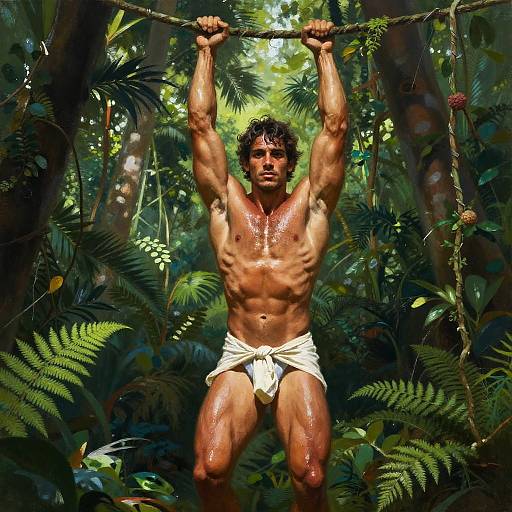 Muscular Man Hanging from Vine in Jungle - Realistic Nature Fitness Art