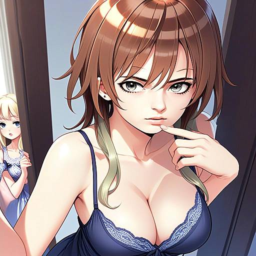 Anime Style Portrait of Thoughtful Woman in Lace Camisole with Secondary Blonde Character