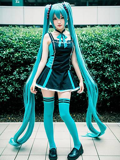 Realistic Hatsune Miku Cosplay Woman with Long Turquoise Hair and Stockings