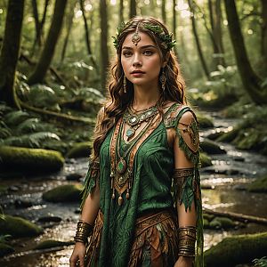 Woman in Fantasy Costume by Stream in Forest