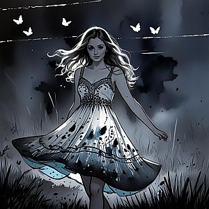 Whimsical Young Woman in Flowing Dress with Butterflies