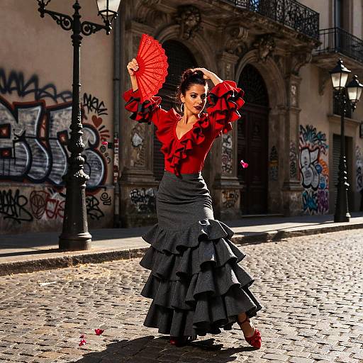 Flamenco Woman Dancing in Red Blouse and Ruffled Gray Skirt on Urban Street
