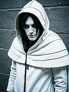 Man in Realistic Albedo Cosplay Costume with White Hooded Cloak