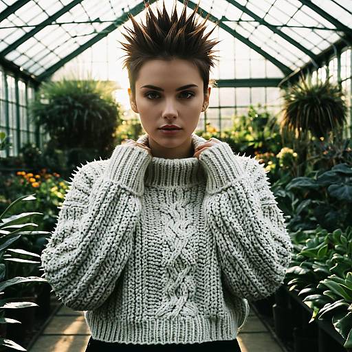 Woman with Spiked Hair in Cozy Knit Sweater Inside Greenhouse