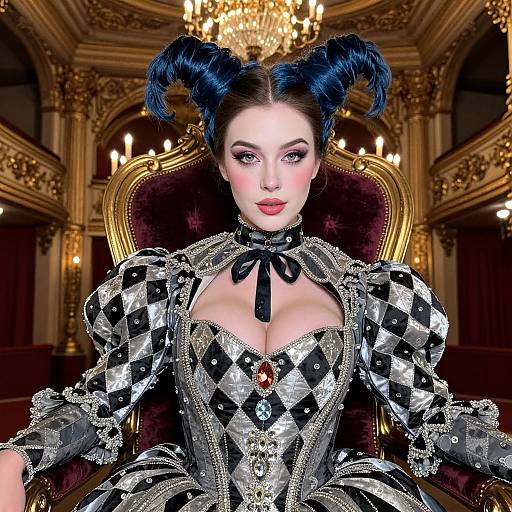 Elegant Woman in Rococo Harlequin Costume on Ornate Throne