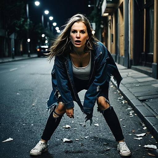 Urban Night Street Style Woman in Distressed Denim Jacket