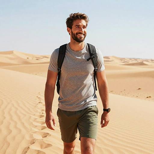 Young Man Hiking in Desert with Backpack on Sunny Day