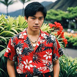 Young Man in Red Hawaiian Shirt Surrounded by Tropical Flora