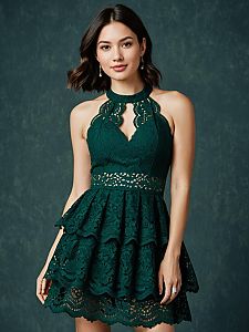 Woman in Forest Green Lace Halter Cocktail Dress