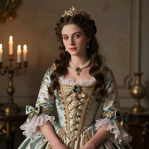 Elegant Young Woman in 18th Century Style Gown with Crown and Jewelry