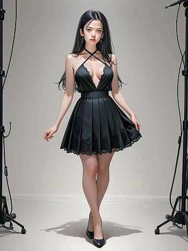 Elegant Woman in Black Cocktail Dress Full Body Fashion Shot