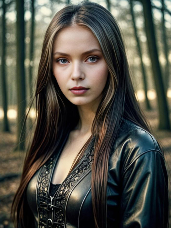 Woman in Leather Jacket in Serene Forest - Vintage Aesthetic