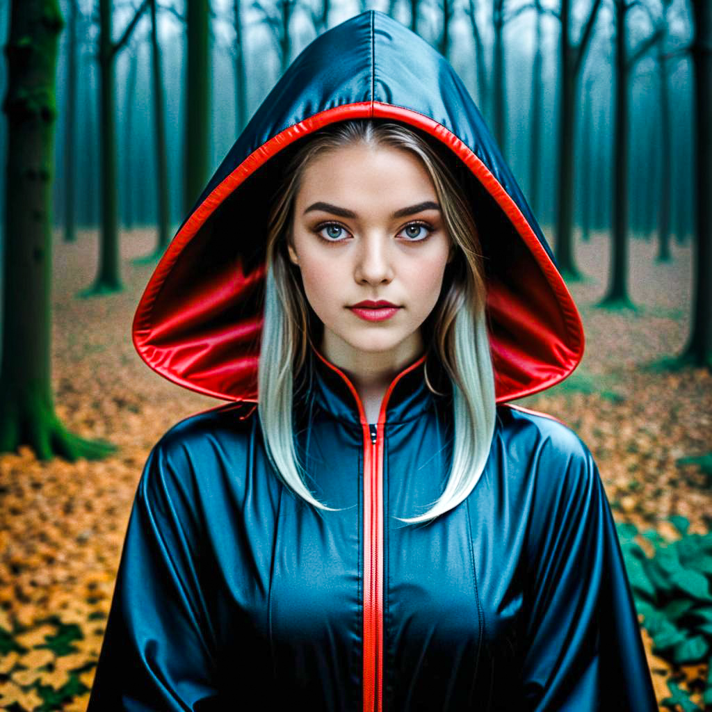 Young Woman in Black Cloak in Foggy Forest