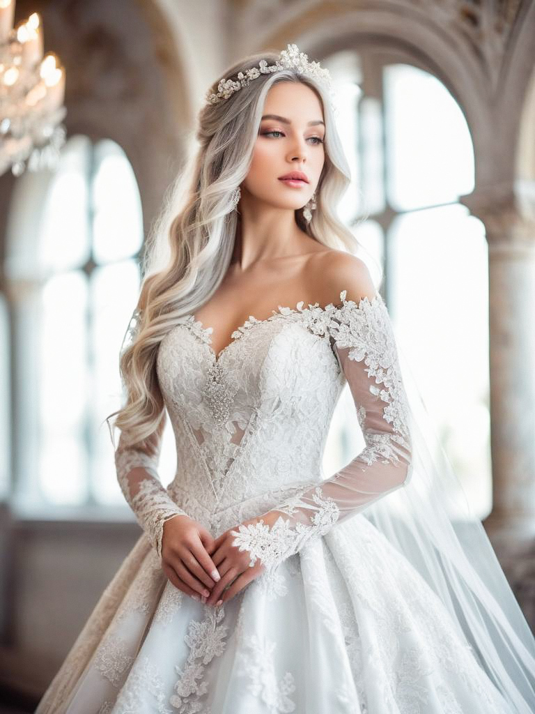 Elegant Bride in Off-the-Shoulder Lace Gown