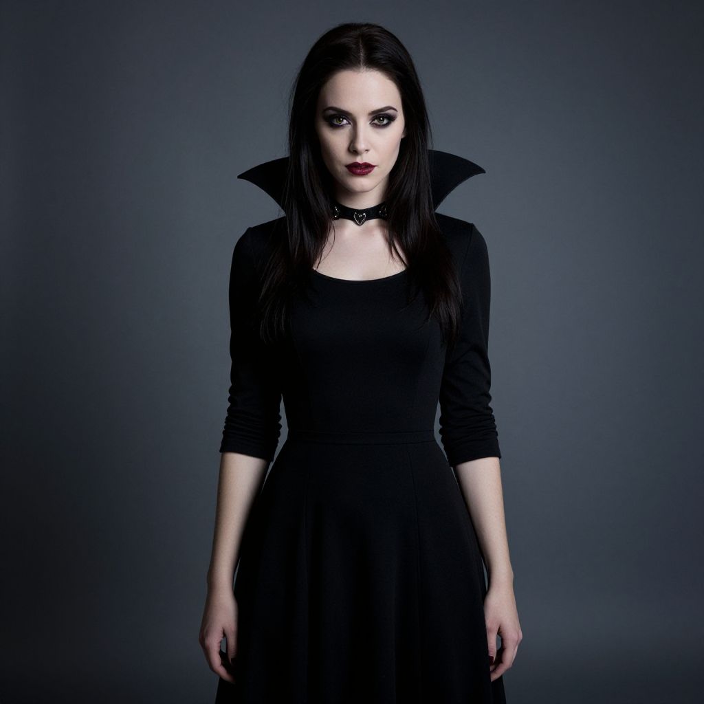 Gothic Woman in Black High-Collared Dress and Dark Makeup