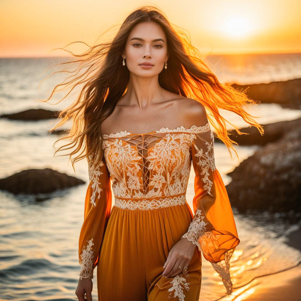 Woman in Orange Dress by Rocky Shore at Sunset