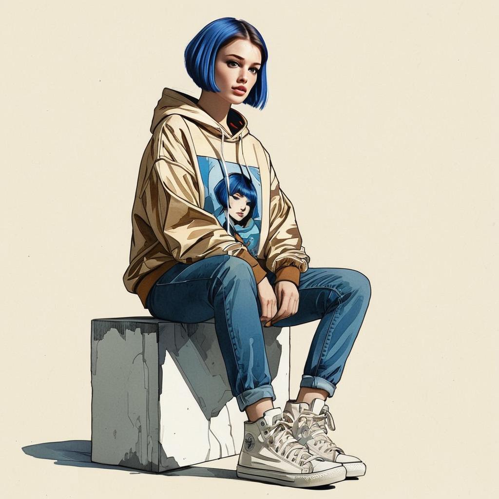 Stylish Young Woman with Blue Hair in Graphic Hoodie Sitting on Concrete Block