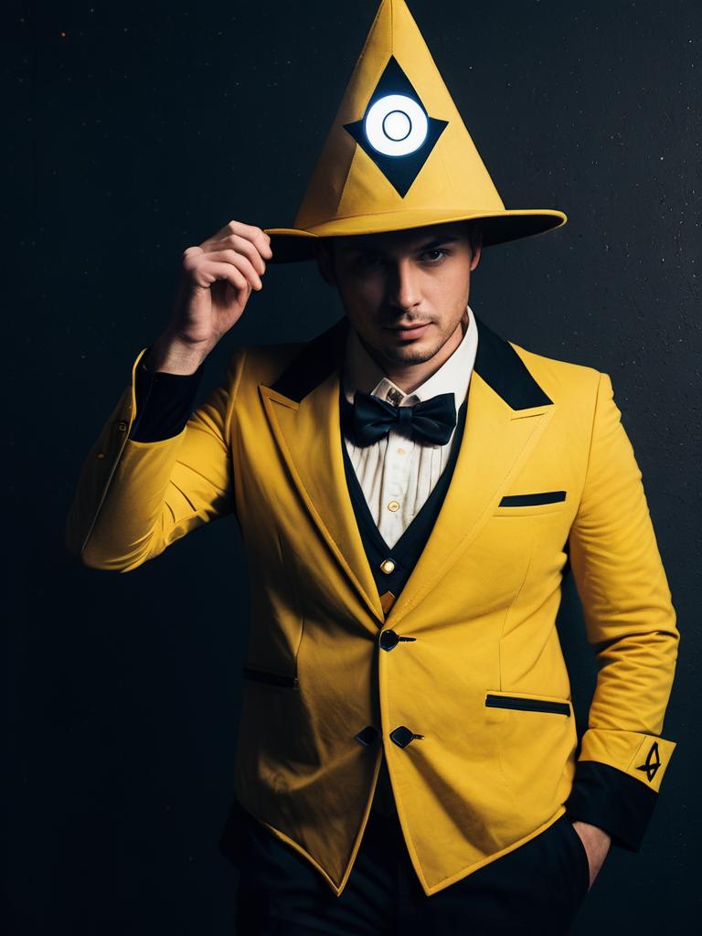 Man Cosplay Wearing Bill Cipher Costume from Gravity Falls Realistic Photo